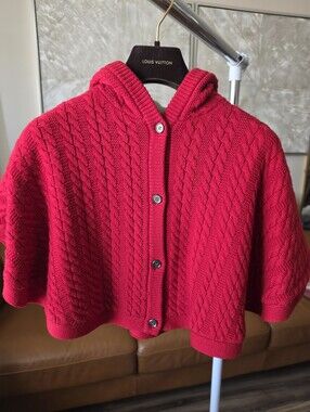 Kids Burberry Hooded Cable Knit Sweater Cape - Red